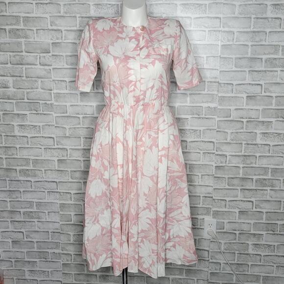 Vintage 80s Pink & White Tropical Floral Midi Dress - Picture 1 of 5